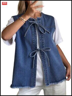 Womens Distressed Denim Vest Bow Tie Henley Sleeveless Jean Top Casual